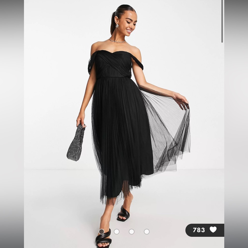 ASOS DESIGN off shoulder tulle midi dress with tie back and pleated skirt black